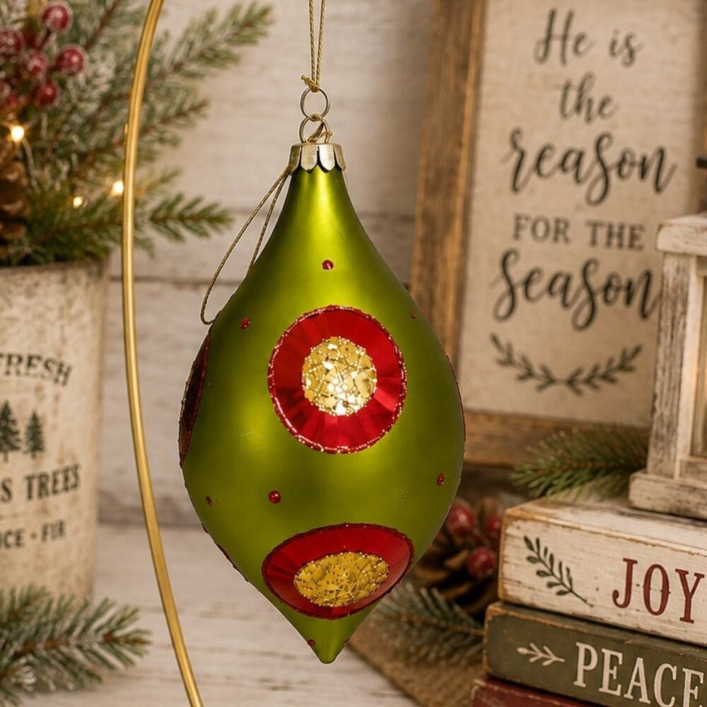 Vintage Teardrop Finial Christmas Glass Ornament Green Red Glitter 6" Decor